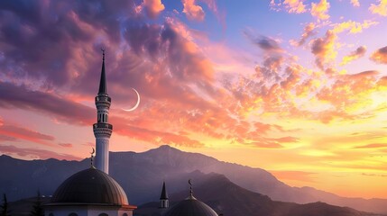 Islamic Background,Dome Mosques,Crescent Moon,Starry on Dark Blue Sky Background,Vetor symbol islamic religion with twilight sky,Banner Eid al Adha,Eid al fitr,Mubarak. AI generated illustration