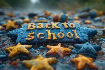 Wall Mural - Blue Star Shaped Stone With Back To School Text On Rainy Day