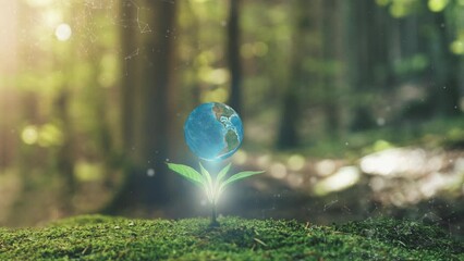 Wall Mural - 3d earth spinning young plant springing up out of the moss soil