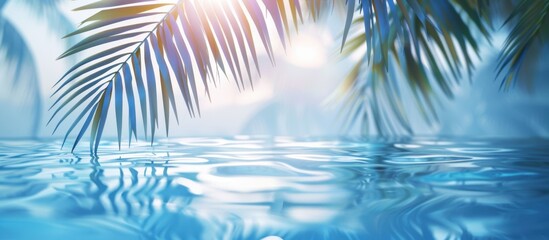 Wall Mural - Beautiful blurred background of palm leaves and water in the pool with copy space for text template for a summer vacation concept Generative AI