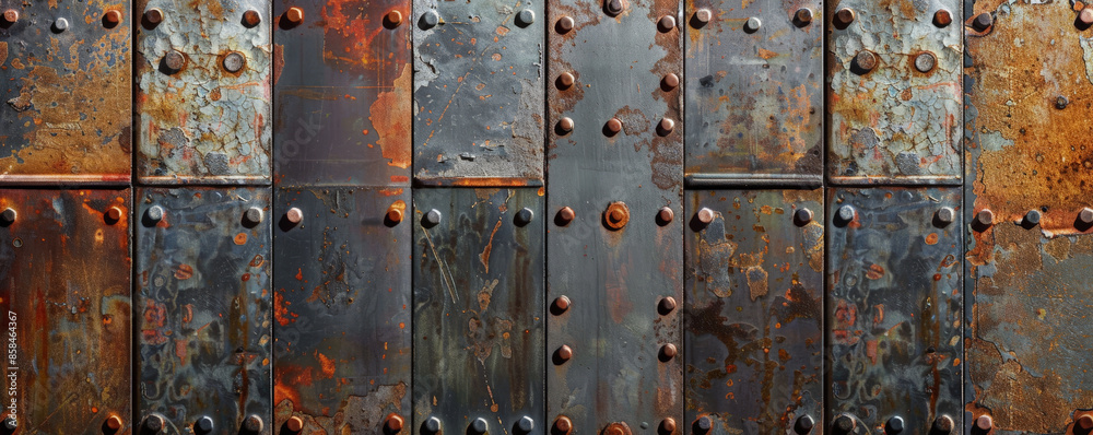 Industrial metal background with rusted textures, rivets, and worn ...