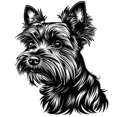 A black and white drawing of a yorkshire terrier dog