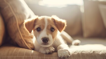 Wall Mural - Curious puppy sitting alone on the couch gazing at the camera in sunlight filled room