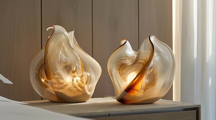 pair of artisan blown glass lamps, each with a unique, fluid shape and a subtle, sandy texture, placed on bedside tables