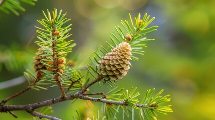 Sticker - Close up image of two immature hemlock cones on a twig with a blurred background