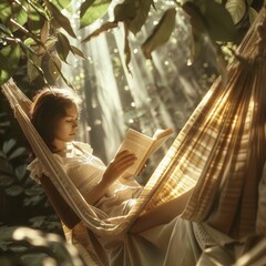 Poster - Relaxing in a hammock, surrounded by the tranquil landscape of trees and grass, a person enjoys leisurely reading a book under the shade of a terrestrial plant AIG50