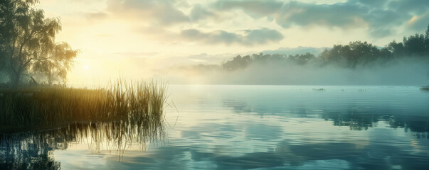 Wall Mural - A serene lakeside at dawn background with mist rising from the water, early light, and the textures of soft grasses and tranquil ambiance, creating a peaceful and refreshing natural setting.