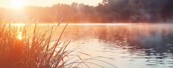 Wall Mural - A serene lakeside at sunrise background with calm waters, early morning light, and the textures of dewy grasses and tranquil reflections, creating a peaceful and picturesque natural setting.