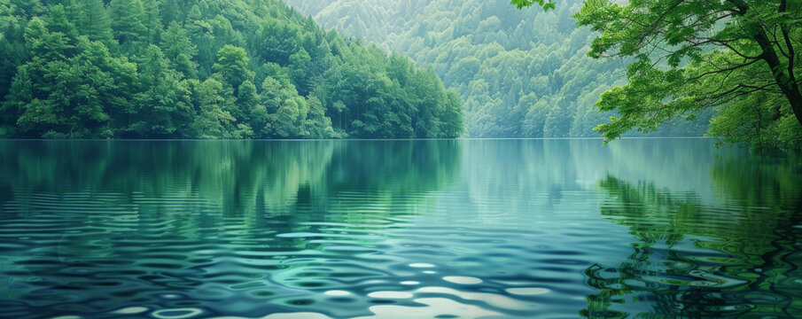 A serene lake reflection background with calm water, green trees, and textured ripples. The peaceful, picturesque view creates a relaxing, tranquil scene.