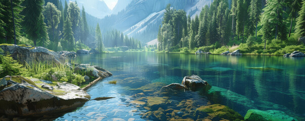 A serene mountain lake background with clear blue water, green forests, and textured rocks. The peaceful, natural elements create a calming, picturesque scene.