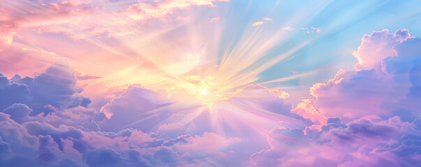 Wall Mural - A serene sunrise background with soft pastel colors, gentle light rays, and textured clouds. The tranquil, picturesque view creates a peaceful, inspiring scene.