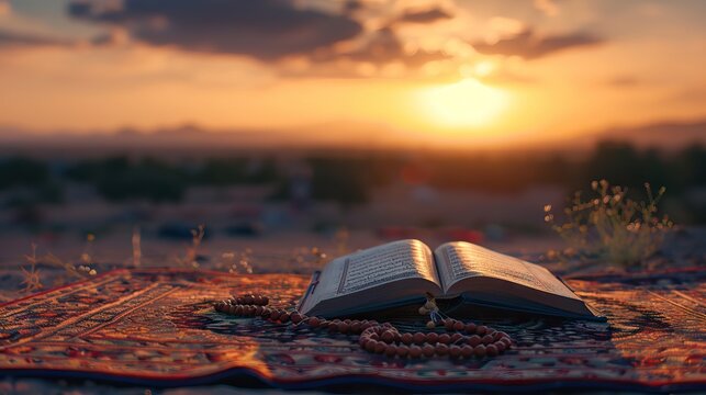 Photo of a prayer mat with an open Quran and rosary on top, in a front view, during sunset. AI generated illustration
