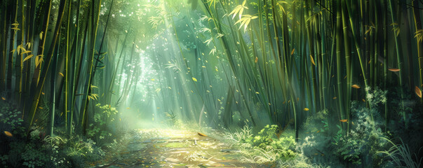 Wall Mural - A tranquil bamboo forest background with tall stalks swaying gently, filtered sunlight, and the textures of fallen leaves and peaceful pathways, creating a serene and Zen-like atmosphere.