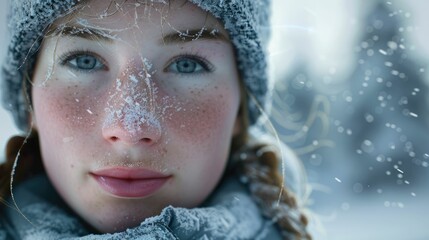 Wall Mural - The close up picture of the person looking at the camera with the white snow background in the middle of the snowy ice field, the skill require for ice field are fitness, ice safety knowledge. AIG43.