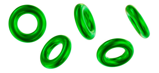 Aufkleber - 3d set of green torus symbol or icon with different angles. Geometry figure tor form. Stock vector illustration on isolated background.	
