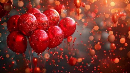 Poster - A bunch of red balloons with confetti falling on a dark background with bokeh lights.