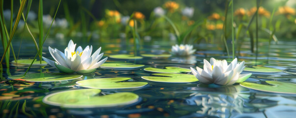 Wall Mural - A tranquil garden pond background with lily pads, gentle ripples, and the textures of serene water and blooming flowers, creating a peaceful and picturesque natural setting.