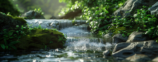 Wall Mural - A tranquil mountain stream background with flowing water, mossy rocks, and the textures of cool shade and lush greenery, creating a peaceful and refreshing natural setting.