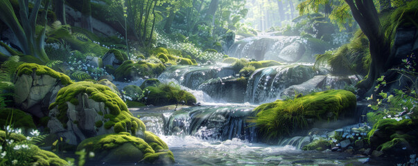 Wall Mural - A tranquil mountain stream background with flowing water, mossy rocks, and the textures of cool shade and lush greenery, creating a peaceful and refreshing natural setting.