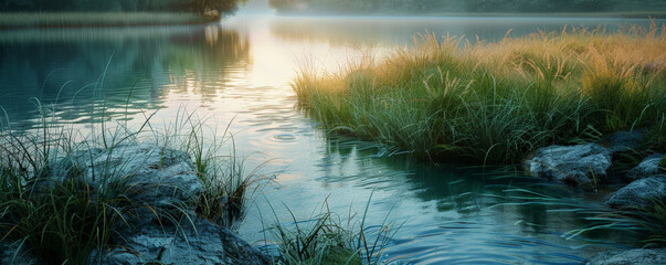 Wall Mural - A tranquil riverside at dusk background with glowing reflections, calm waters, and the textures of soft grasses and serene surroundings, creating a peaceful and picturesque natural setting.