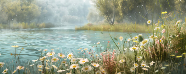 Wall Mural - A tranquil riverside meadow background with blooming flowers, gentle breezes, and the textures of soft grasses and serene waters, creating a peaceful and picturesque natural setting.