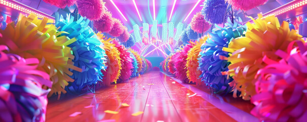 A vibrant cheerleading practice background with padded floors, colorful pom-poms, and the textures of energetic routines and synchronized movements.