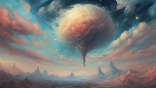 Surreal style oil painting: gigantic spherical clouds and continuous mountain ranges.
