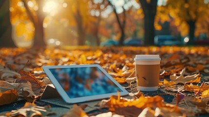 Technology advertising concept in autumn park with tablet PC and coffee cup