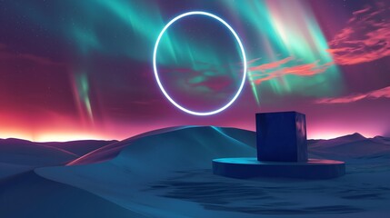 
A surreal 3D landscape with a podium atop a dune, illuminated by a glowing neon circle and a floating cube, beneath a vibrant aurora sky. 