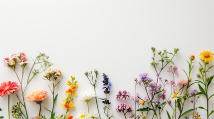 Wall Mural - colorful spring flower inflorescences on white paper background with space for text
