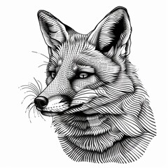 Wall Mural - A close-up of the fox's face. Animalism. Imitation sketch print in black and white coloring. Illustration for cover, card, postcard, interior design, decor or print.