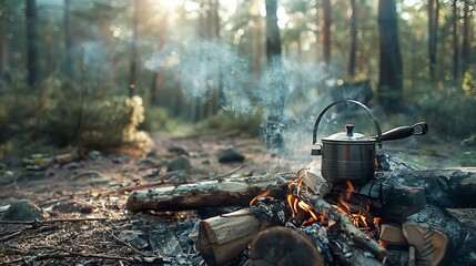 boiling water in a camping kettle over a campfire in the woods, preparing a meal on wooden logs.