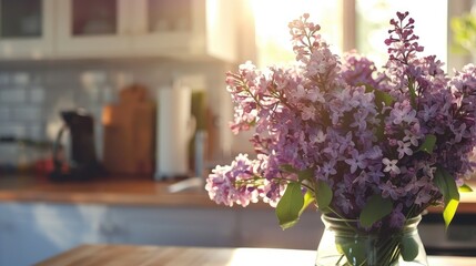 Sticker - Lilac bouquet in local lighting modern kitchen interior close up