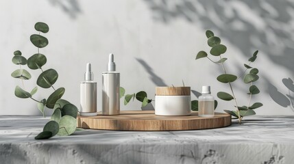 Sticker - Eco cosmetic product display with wooden podium and eucalyptus branches on grey backdrop