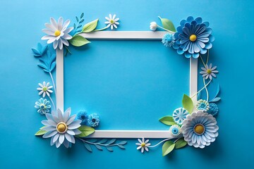 Wall Mural - A frame made of blue and white flowers on a blue background