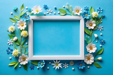 Wall Mural - A frame made of blue and white flowers on a blue background