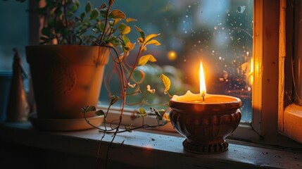 Wall Mural - Burning candle in clay candlestick by sunny window photographed up close