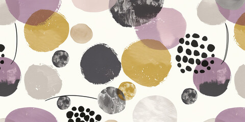 Wall Mural - Seamless vector pattern with abstract watercolor circles in various shades of pink, yellow, and gray