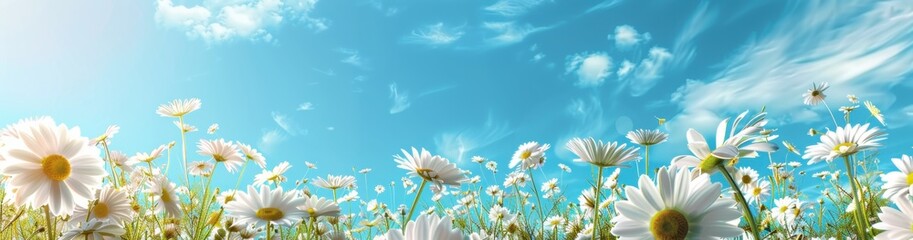 Wall Mural - Beautiful spring meadow with white daisies, blue sky background with panoramas Generative AI