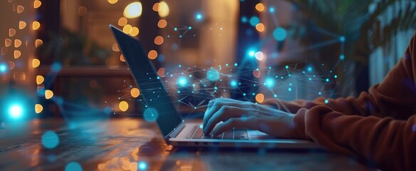 A person working on their laptop, with digital blue glowing lines connecting various file icons and documents floating above the screen