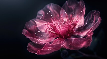 Poster - A flower with a pink hue and a shiny, wet appearance. The flower is surrounded by a dark background, which creates a sense of mystery and intrigue. The image evokes a feeling of beauty and elegance