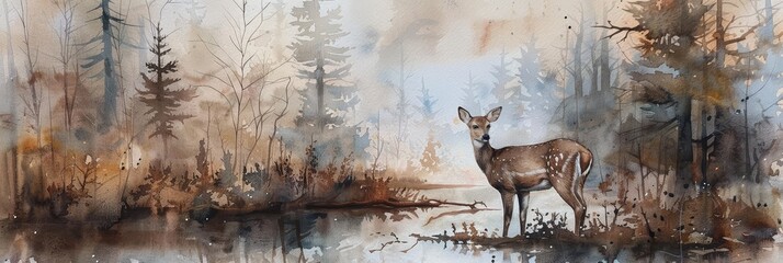 Canvas Print - Deer Standing in a Small Patch of Remaining Forest with Soft Natural Light Watercolor Painting,Highlighting the Environmental Impact and Fragility of Natural Habitats.