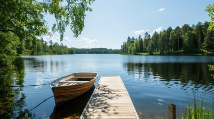 Aufkleber - A small boat is docked at a pier next to a lake. The scene is peaceful and serene, with the boat and dock blending seamlessly into the natural surroundings
