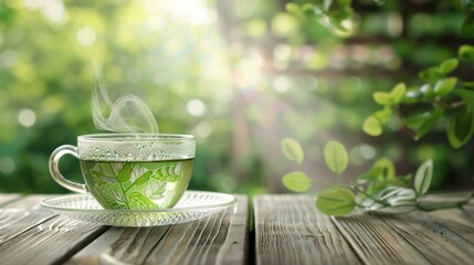 Aufkleber - A cup of green tea sits on a wooden table. The steam rising from the cup creates a sense of warmth and relaxation. The surrounding greenery adds a touch of nature to the scene, making it feel peaceful
