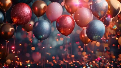 Poster - A collection of colorful balloons, some red, some blue, and some pink, float against a dark background sprinkled with confetti and sparkling lights.