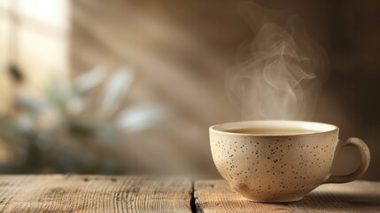 Aufkleber - A cup of coffee is sitting on a wooden table with steam rising from it. Concept of warmth and comfort, as the steam and the cup of coffee are the main focus of the image
