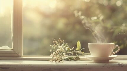 Aufkleber - A white cup with a flower on top of it is sitting on a window sill. The cup is filled with hot coffee, and steam is rising from it. Concept of warmth and comfort, as the cup of coffee