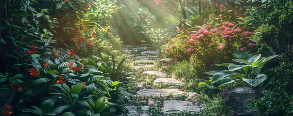 Tranquil garden background with blooming flowers, lush greenery, and a textured stone path. The serene, natural scene creates a peaceful, relaxing atmosphere, perfect for nature or outdoor themes