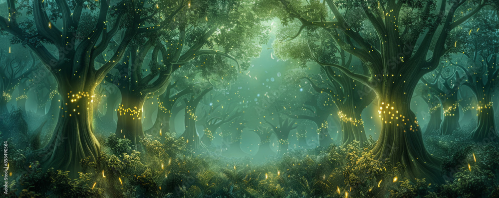 Whimsical fairy tale forest background with enchanted trees, glowing ...