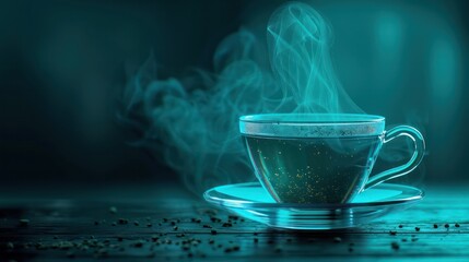 Aufkleber - A cup of tea is sitting on a table with steam rising from it. The image has a calming and peaceful mood, as the steam rising from the tea suggests a moment of relaxation and contemplation